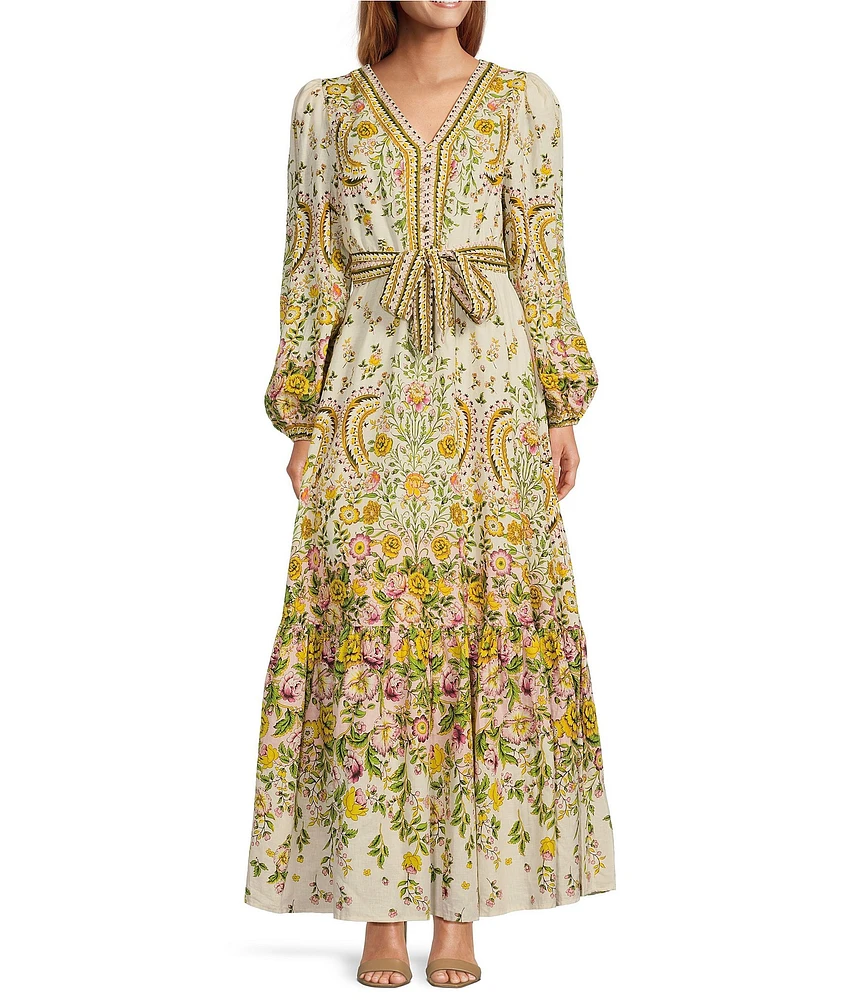 A Loves A Floral Print Woven V-Neck Button Front Long Balloon Sleeve Tie at Waist A-Line Flounce Maxi Dress