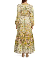 A Loves A Floral Print Woven V-Neck Button Front Long Balloon Sleeve Tie at Waist A-Line Flounce Maxi Dress