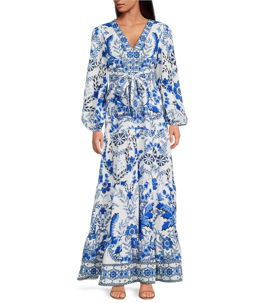 A Loves A Floral Printed Linen Blend Long Sleeve V-Neck Self Tie Maxi Dress