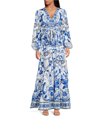 A Loves A Floral Printed Linen Blend Long Sleeve V-Neck Self Tie Maxi Dress