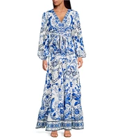 A Loves A Floral Printed Linen Blend Long Sleeve V-Neck Self Tie Maxi Dress