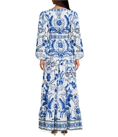 A Loves A Floral Printed Linen Blend Long Sleeve V-Neck Self Tie Maxi Dress