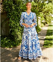 A Loves A Floral Printed Linen Blend Long Sleeve V-Neck Self Tie Maxi Dress