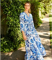 A Loves A Floral Printed Linen Blend Long Sleeve V-Neck Self Tie Maxi Dress