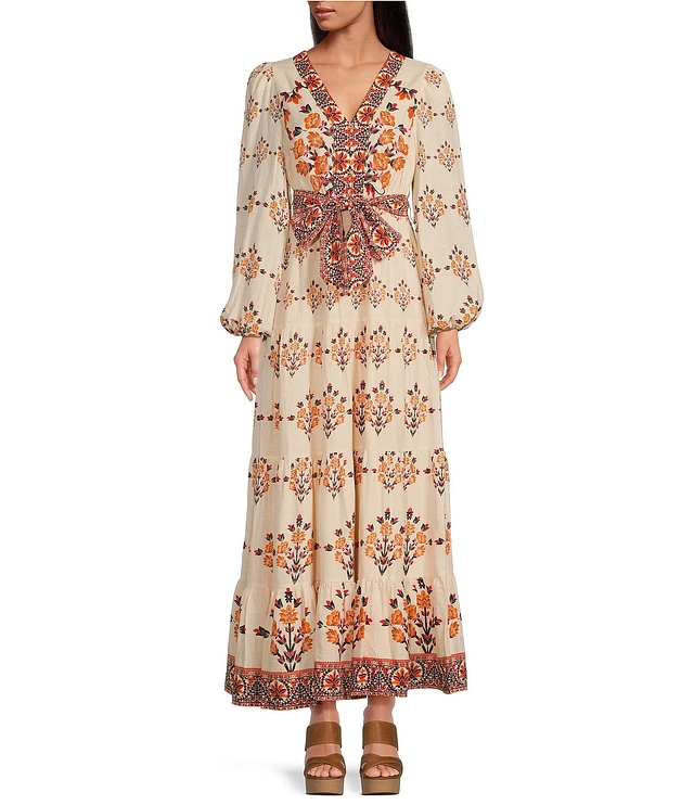 A Loves A Floral Printed Linen Blend Long Sleeve V-Neck Self Tie Maxi Dress  | Liberty Center