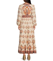 A Loves A Floral Printed Linen Blend Long Sleeve V-Neck Self Tie Maxi Dress