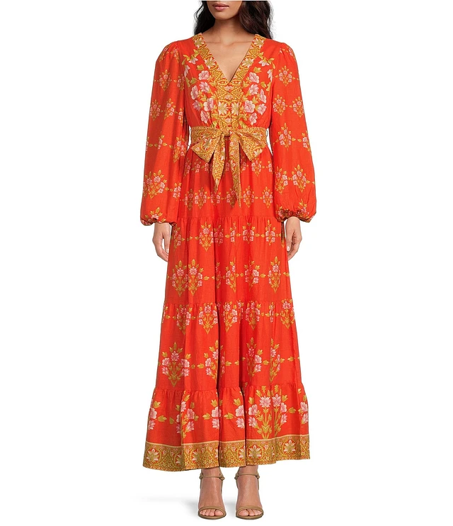 A Loves A Floral Printed Linen Blend Long Sleeve V-Neck Self Tie Maxi Dress  | Liberty Center