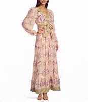 A Loves A Floral Printed Long Sleeve V-Neck Self Tie Maxi Dress