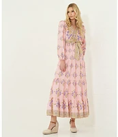 A Loves A Floral Printed Long Sleeve V-Neck Self Tie Maxi Dress