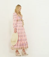 A Loves A Floral Printed Long Sleeve V-Neck Self Tie Maxi Dress