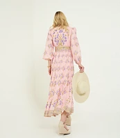 A Loves A Floral Printed Long Sleeve V-Neck Self Tie Maxi Dress