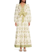 A Loves A Floral Printed Long Sleeve V-Neck Self Tie Maxi Dress