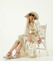A Loves A Floral Printed Long Sleeve V-Neck Self Tie Maxi Dress
