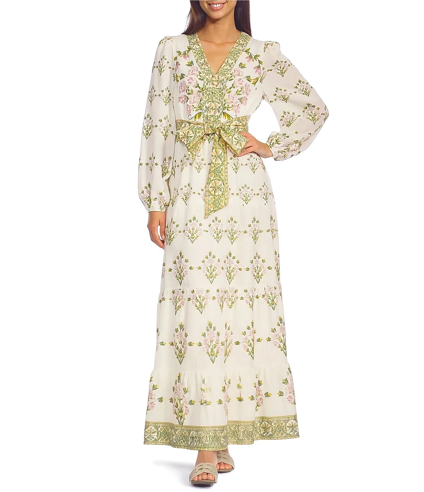 A Loves A Floral Printed Long Sleeve V-Neck Self Tie Maxi Dress