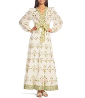 A Loves A Floral Printed Long Sleeve V-Neck Self Tie Maxi Dress