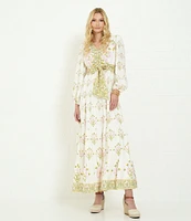 A Loves A Floral Printed Long Sleeve V-Neck Self Tie Maxi Dress
