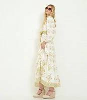 A Loves A Floral Printed Long Sleeve V-Neck Self Tie Maxi Dress