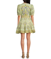 A Loves A Floral Woven Linen Round Neck Short Bubble Sleeve Button Front Tie at Waist A-Line Flounce Mini Dress
