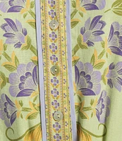 A Loves A Floral Woven Linen Round Neck Short Bubble Sleeve Button Front Tie at Waist A-Line Flounce Mini Dress
