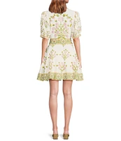 A Loves A Floral Woven Linen Round Neck Short Bubble Sleeve Button Front Tie at Waist A-Line Flounce Mini Dress