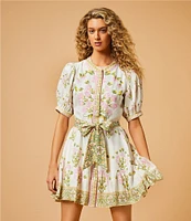 A Loves A Floral Woven Linen Round Neck Short Bubble Sleeve Button Front Tie at Waist A-Line Flounce Mini Dress
