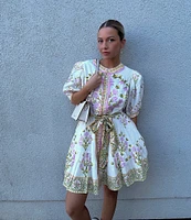 A Loves A Floral Woven Linen Round Neck Short Bubble Sleeve Button Front Tie at Waist A-Line Flounce Mini Dress
