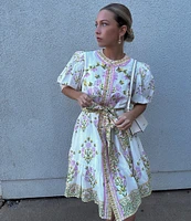 A Loves A Floral Woven Linen Round Neck Short Bubble Sleeve Button Front Tie at Waist A-Line Flounce Mini Dress