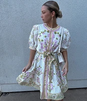 A Loves A Floral Woven Linen Round Neck Short Bubble Sleeve Button Front Tie at Waist A-Line Flounce Mini Dress