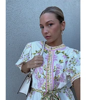 A Loves A Floral Woven Linen Round Neck Short Bubble Sleeve Button Front Tie at Waist A-Line Flounce Mini Dress
