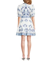 A Loves A Floral Woven Linen Round Neck Short Bubble Sleeve Button Front Tie at Waist A-Line Flounce Mini Dress