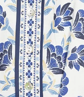 A Loves A Floral Woven Linen Round Neck Short Bubble Sleeve Button Front Tie at Waist A-Line Flounce Mini Dress