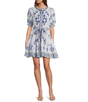 A Loves A Floral Woven Linen Round Neck Short Bubble Sleeve Button Front Tie at Waist A-Line Flounce Mini Dress