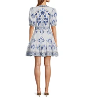 A Loves A Floral Woven Linen Round Neck Short Bubble Sleeve Button Front Tie at Waist A-Line Flounce Mini Dress
