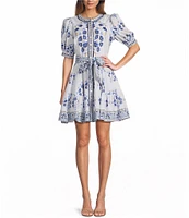 A Loves A Floral Woven Linen Round Neck Short Bubble Sleeve Button Front Tie at Waist A-Line Flounce Mini Dress