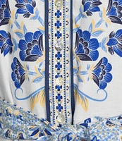 A Loves A Floral Woven Linen Round Neck Short Bubble Sleeve Button Front Tie at Waist A-Line Flounce Mini Dress