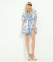 A Loves A Floral Woven Linen Round Neck Short Bubble Sleeve Button Front Tie at Waist A-Line Flounce Mini Dress