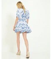 A Loves A Floral Woven Linen Round Neck Short Bubble Sleeve Button Front Tie at Waist A-Line Flounce Mini Dress
