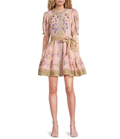 A Loves A Floral Woven Linen Round Neck Short Bubble Sleeve Button Front Tie at Waist A-Line Flounce Mini Dress