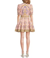 A Loves A Floral Woven Linen Round Neck Short Bubble Sleeve Button Front Tie at Waist A-Line Flounce Mini Dress