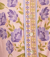 A Loves A Floral Woven Linen Round Neck Short Bubble Sleeve Button Front Tie at Waist A-Line Flounce Mini Dress
