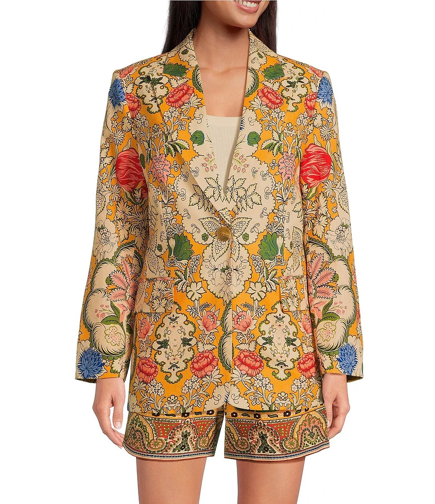 A Loves A Floral Woven Notch Lapel Linen Blend Long Sleeve Button Front Mid Length Coordinating Blazer