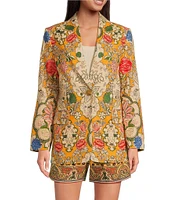 A Loves A Floral Woven Notch Lapel Linen Blend Long Sleeve Button Front Mid Length Coordinating Blazer