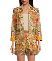 A Loves A Floral Woven Notch Lapel Linen Blend Long Sleeve Button Front Mid Length Coordinating Blazer