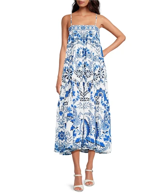 A Loves A Floral Woven Spaghetti Strap Square Neck Shift Flounce Midi Dress
