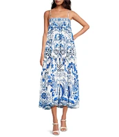 A Loves A Floral Woven Spaghetti Strap Square Neck Shift Flounce Midi Dress