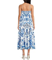 A Loves A Floral Woven Spaghetti Strap Square Neck Shift Flounce Midi Dress