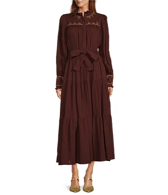 A Loves A Gauze Embroidery Mandarin Neck Long Sleeve Self Tie Button Down Tier Maxi Dress