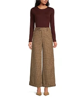 A Loves A Glen Plaid Woven Wool Blend Tweed High Rise Flat Front Coordinating Trousers