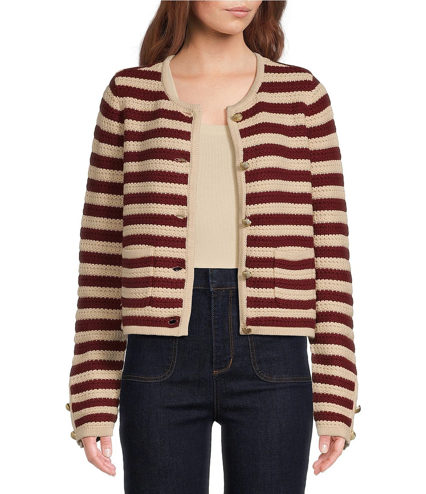 A Loves A Knit Wool Blend Striped Crew Neck Long Sleeve Embellished Button Front Cardigan