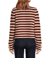 A Loves A Knit Wool Blend Striped Crew Neck Long Sleeve Embellished Button Front Cardigan